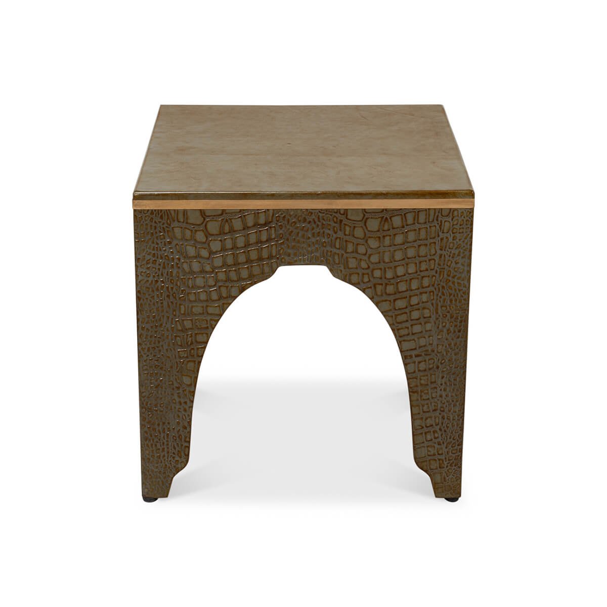Front view of Art Deco antique green crocodile stool.