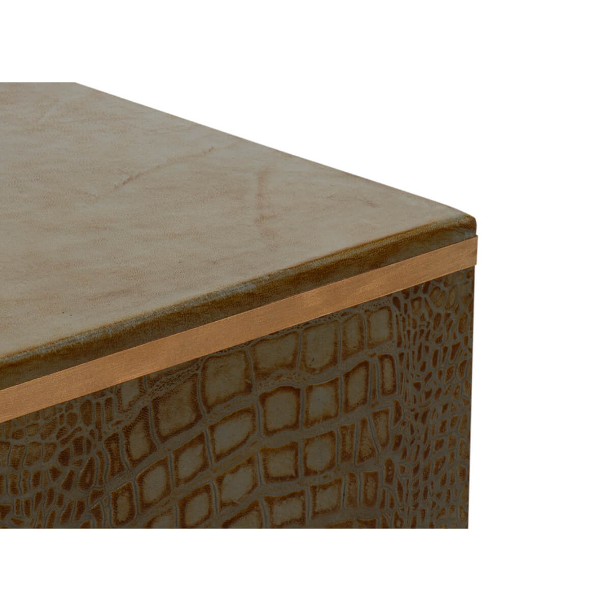 Close-up of edge on Art Deco antique green crocodile stool.