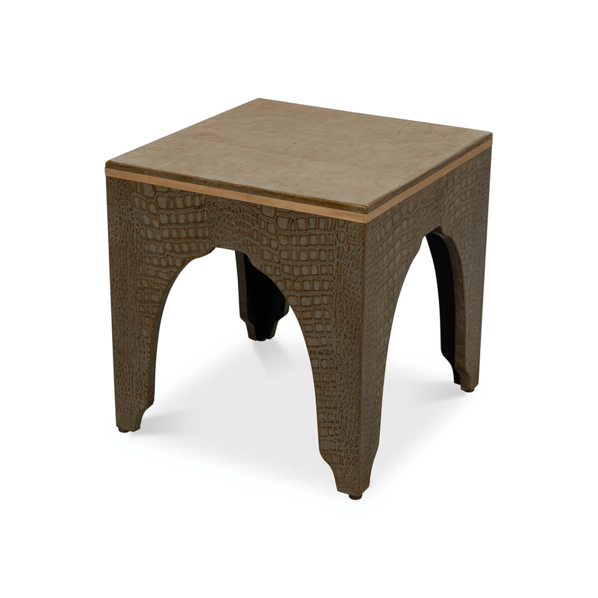 Perspective view of Art Deco antique green crocodile stool.