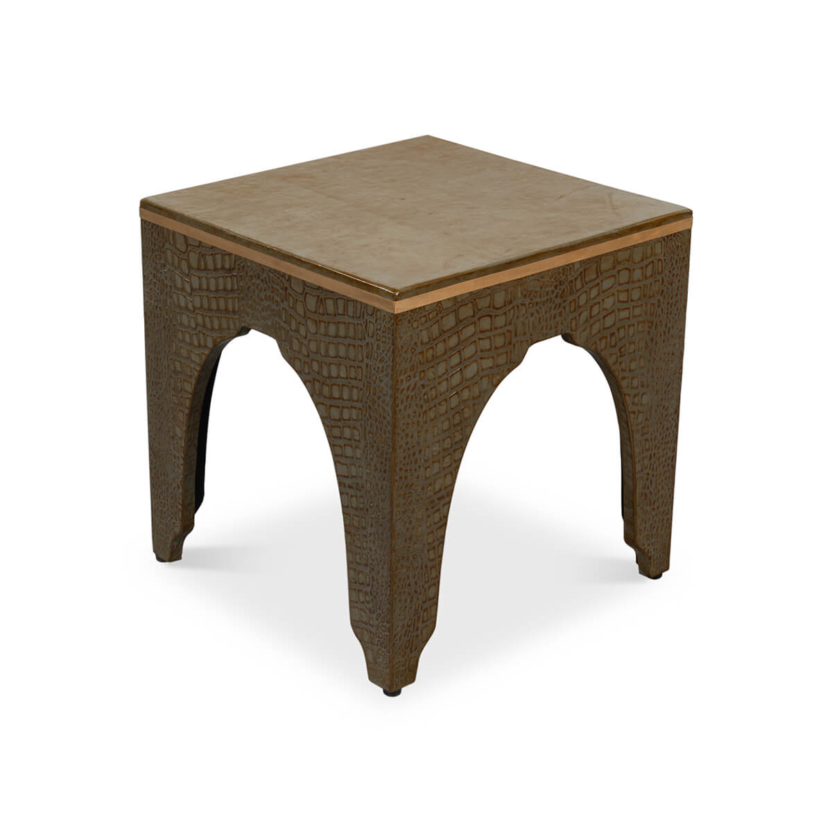 Angled view of Art Deco antique green crocodile stool.