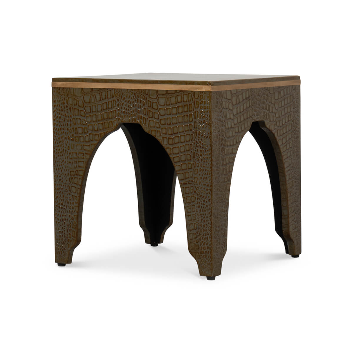 Side view of Art Deco antique green crocodile stool.