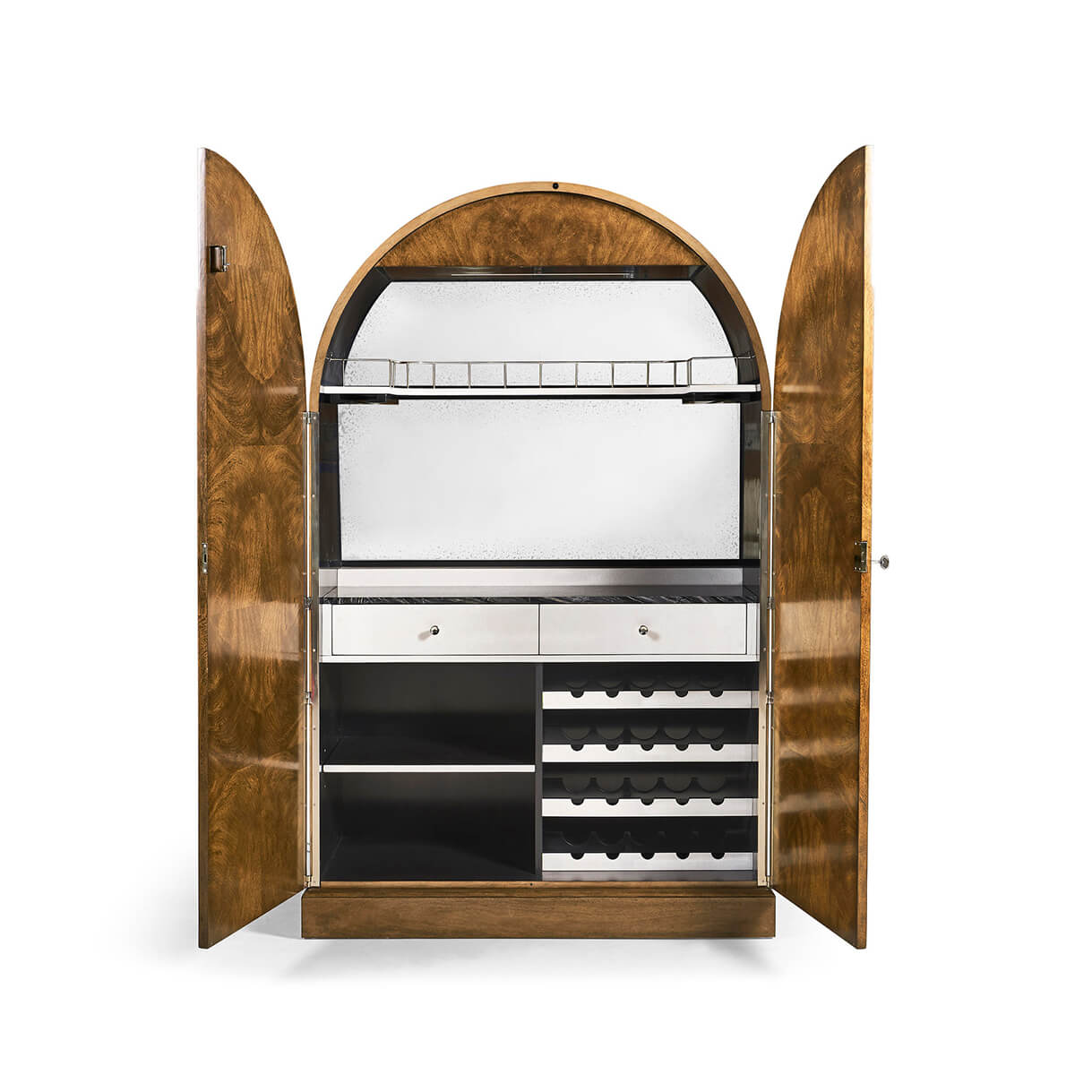 Open Art Deco bar cabinet interior shelves.