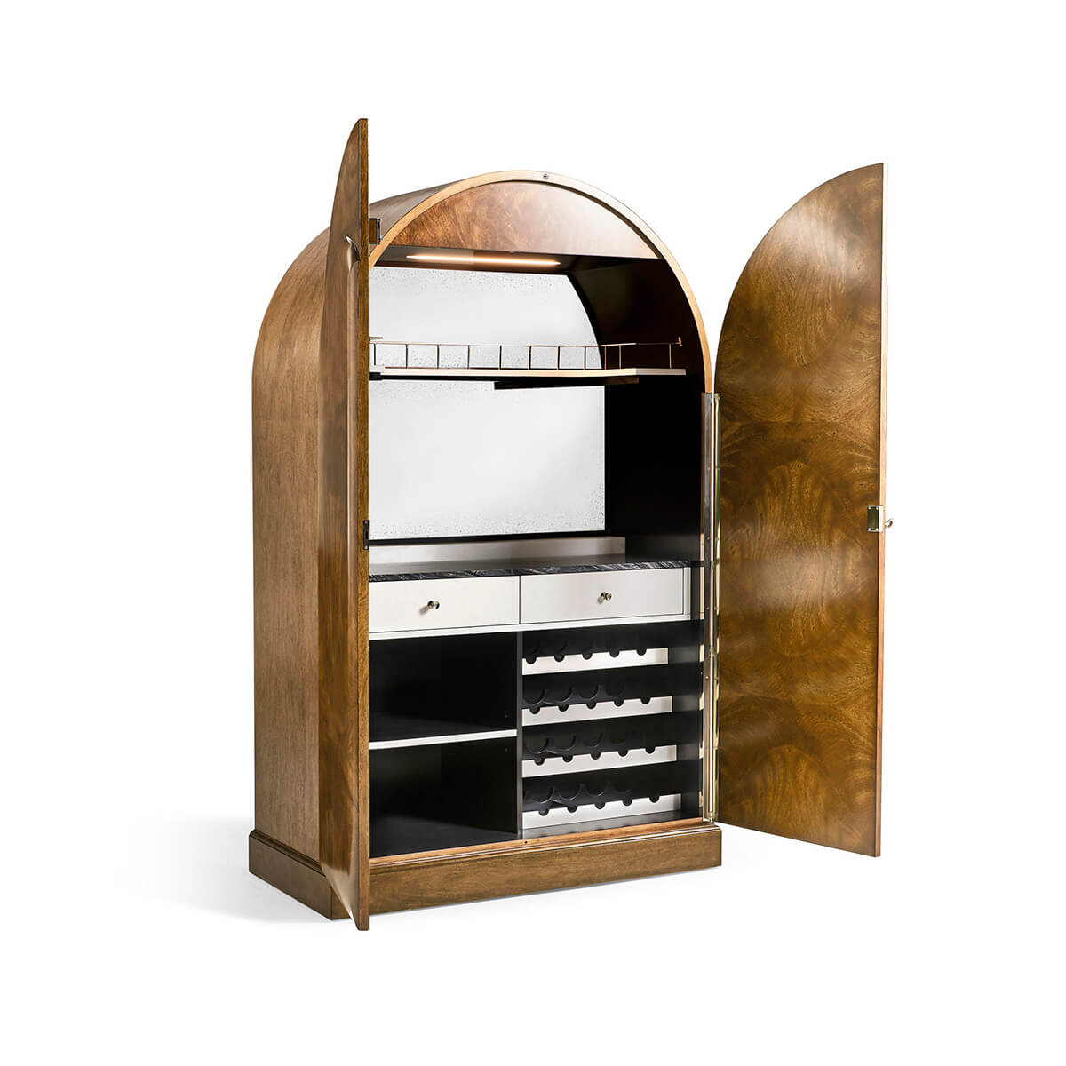 Closed Art Deco bar cabinet front view.