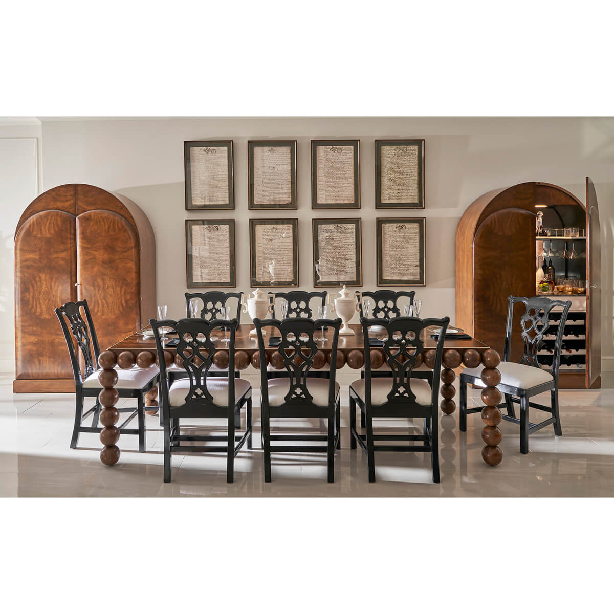 Pair of Art Deco bar cabinets in dining room.