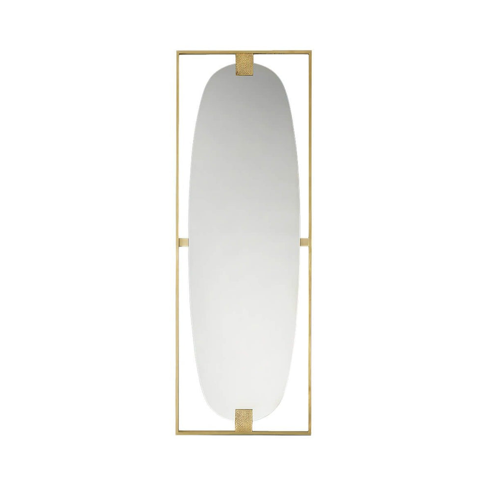 Rectangular mirror with brass frame, front view.