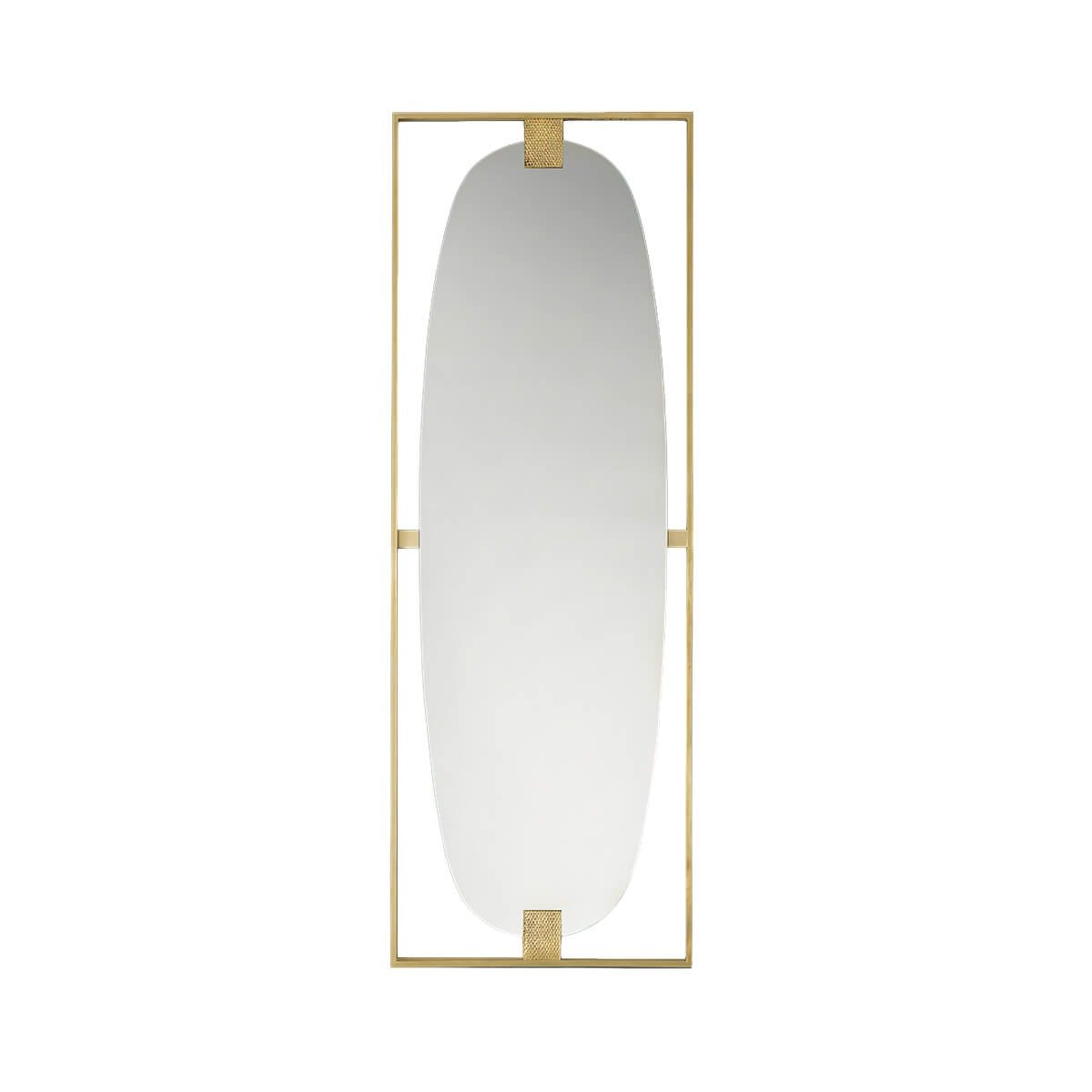 Rectangular mirror with brass frame, front view.