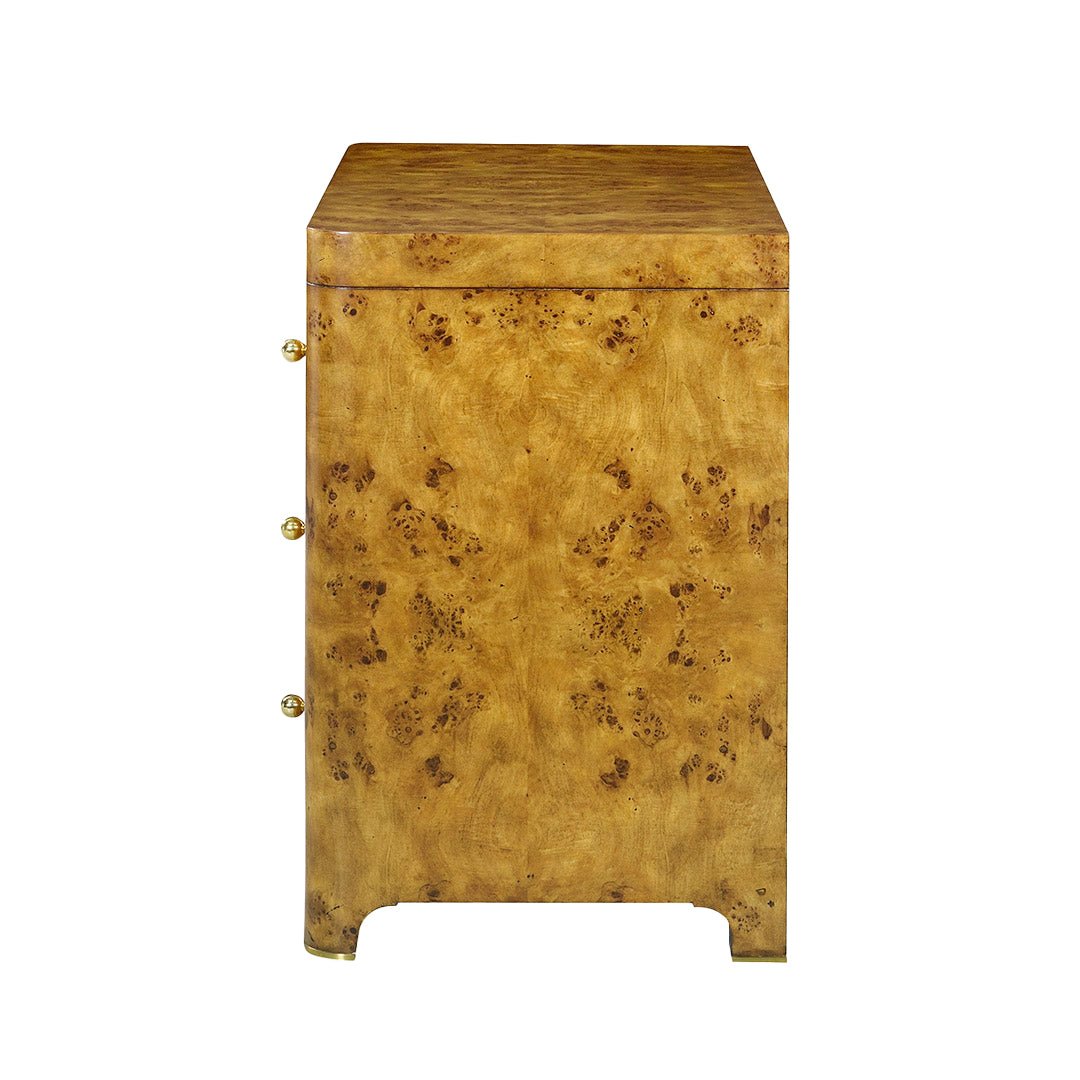 Side view of Art Deco burl chest, no drawers.
