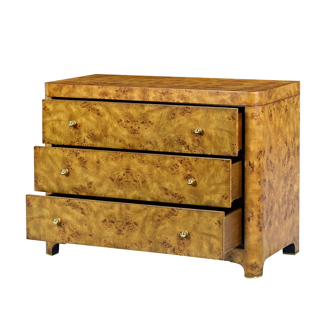 Open drawers of Art Deco burl chest, front angle.