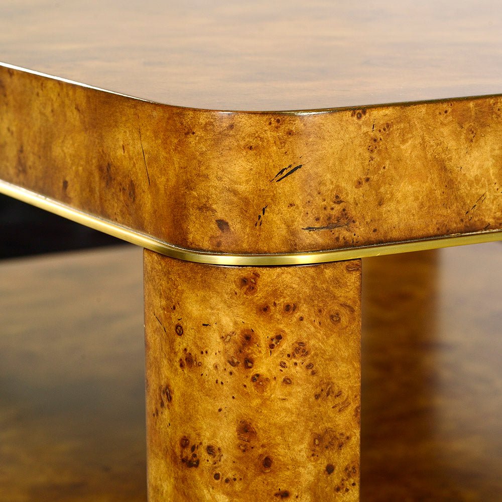 Close-up of corner detailing on burl coffee table.