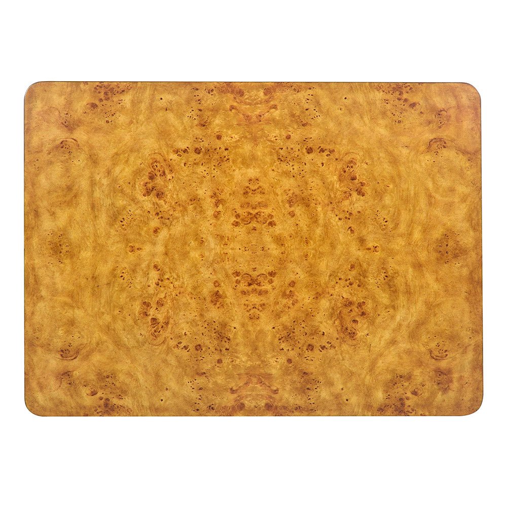 Top view of Art Deco burl coffee table surface.