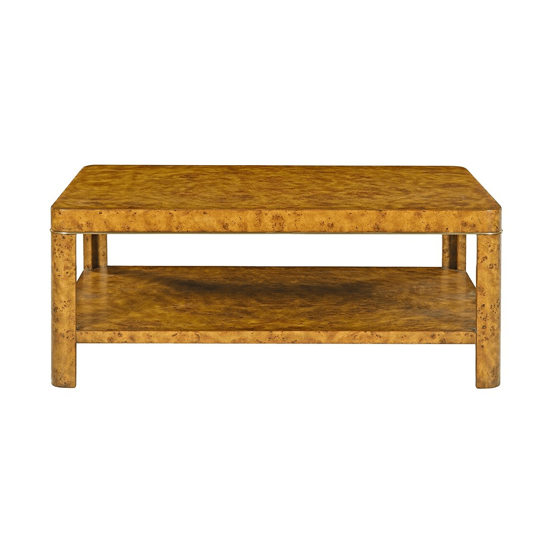 Frontal view of Art Deco burl coffee table.
