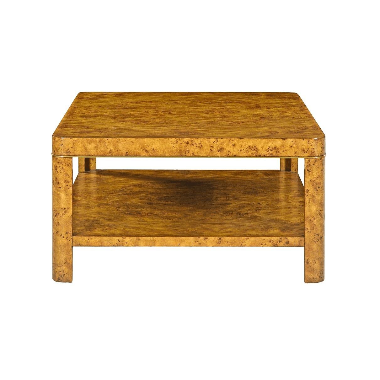 Side perspective of Art Deco burl coffee table design.