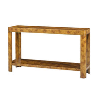 Burl console table angled view with open bottom shelf.