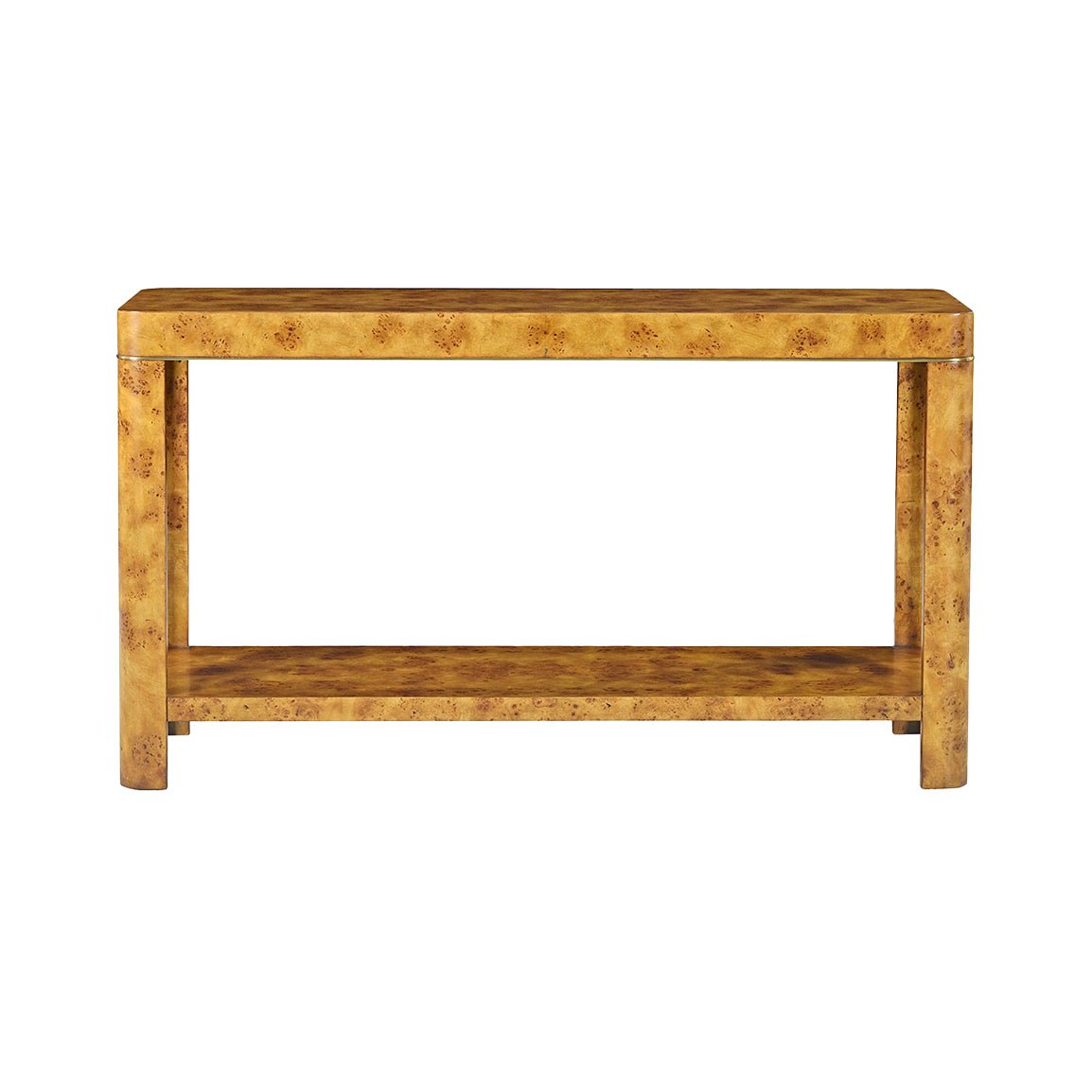 Front view of burl console table highlighting design.