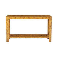 Front view of burl console table highlighting design.