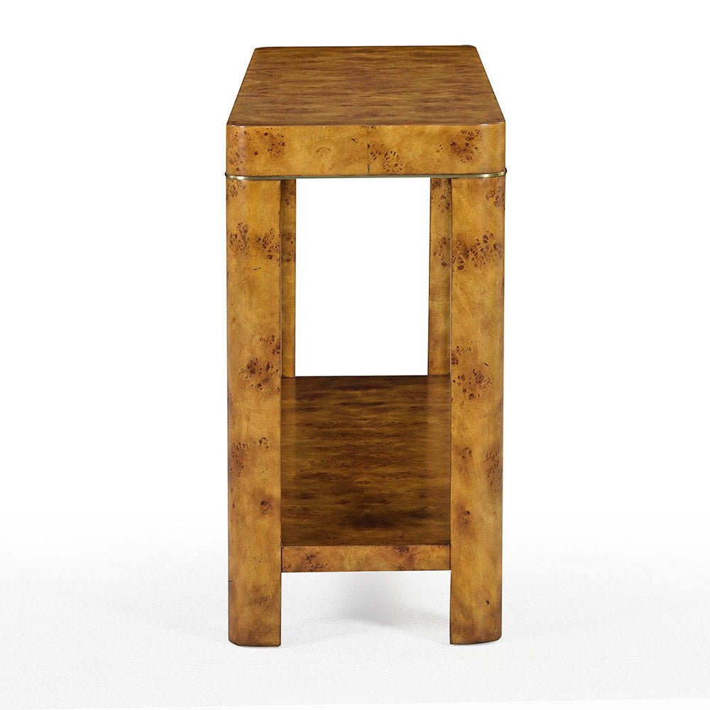 Side view of burl console table displaying depth.