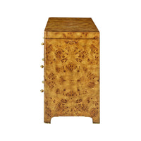 Side view of Art Deco burl dresser, detailed texture.