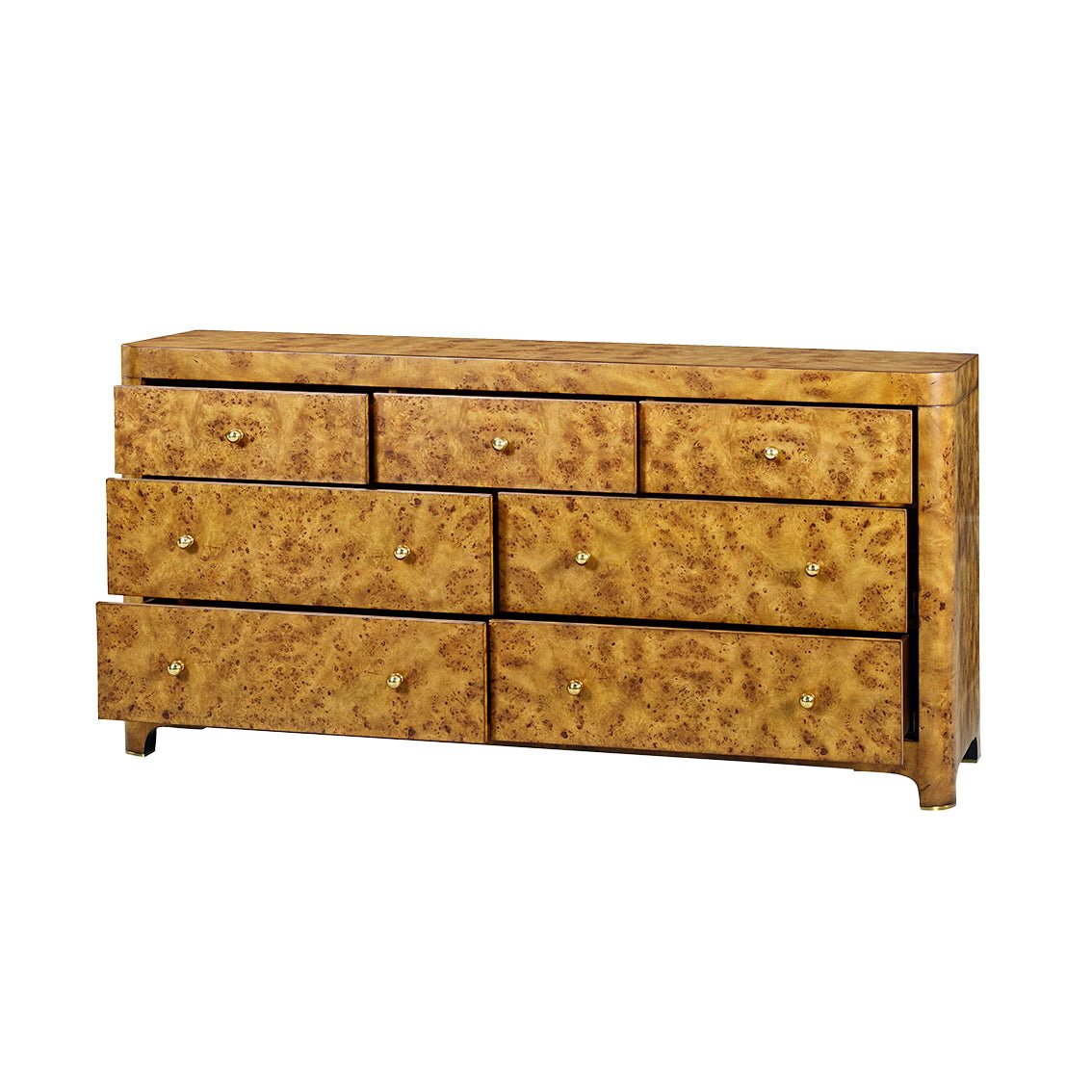 Art Deco burl dresser with open drawers, side angle.
