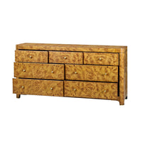 Art Deco burl dresser with open drawers, side angle.