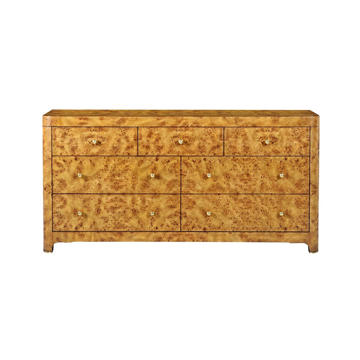 Front view of Art Deco burl dresser, directly facing.
