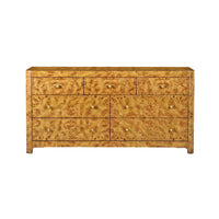Front view of Art Deco burl dresser, directly facing.