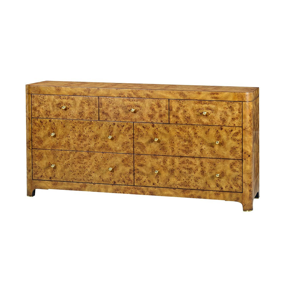Front view of Art Deco burl dresser, angled perspective.