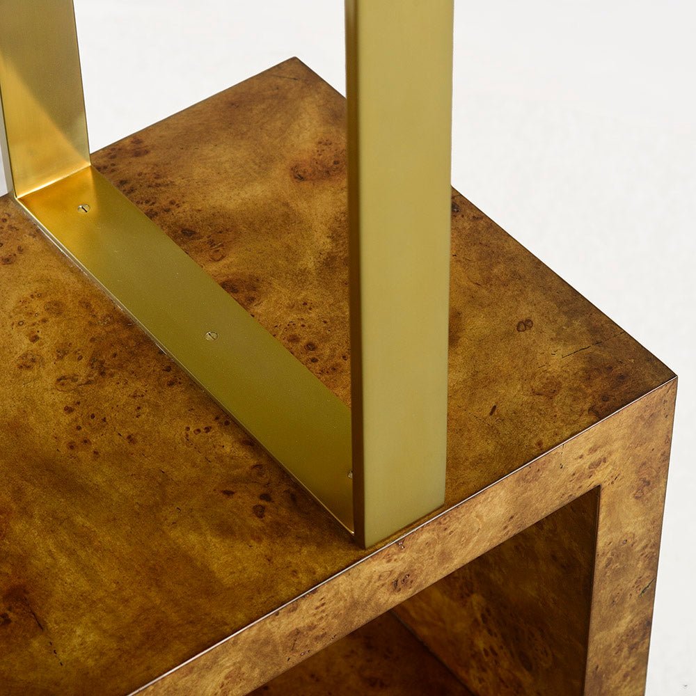 Brass support detail on Art Deco Burl Etagere shelf.