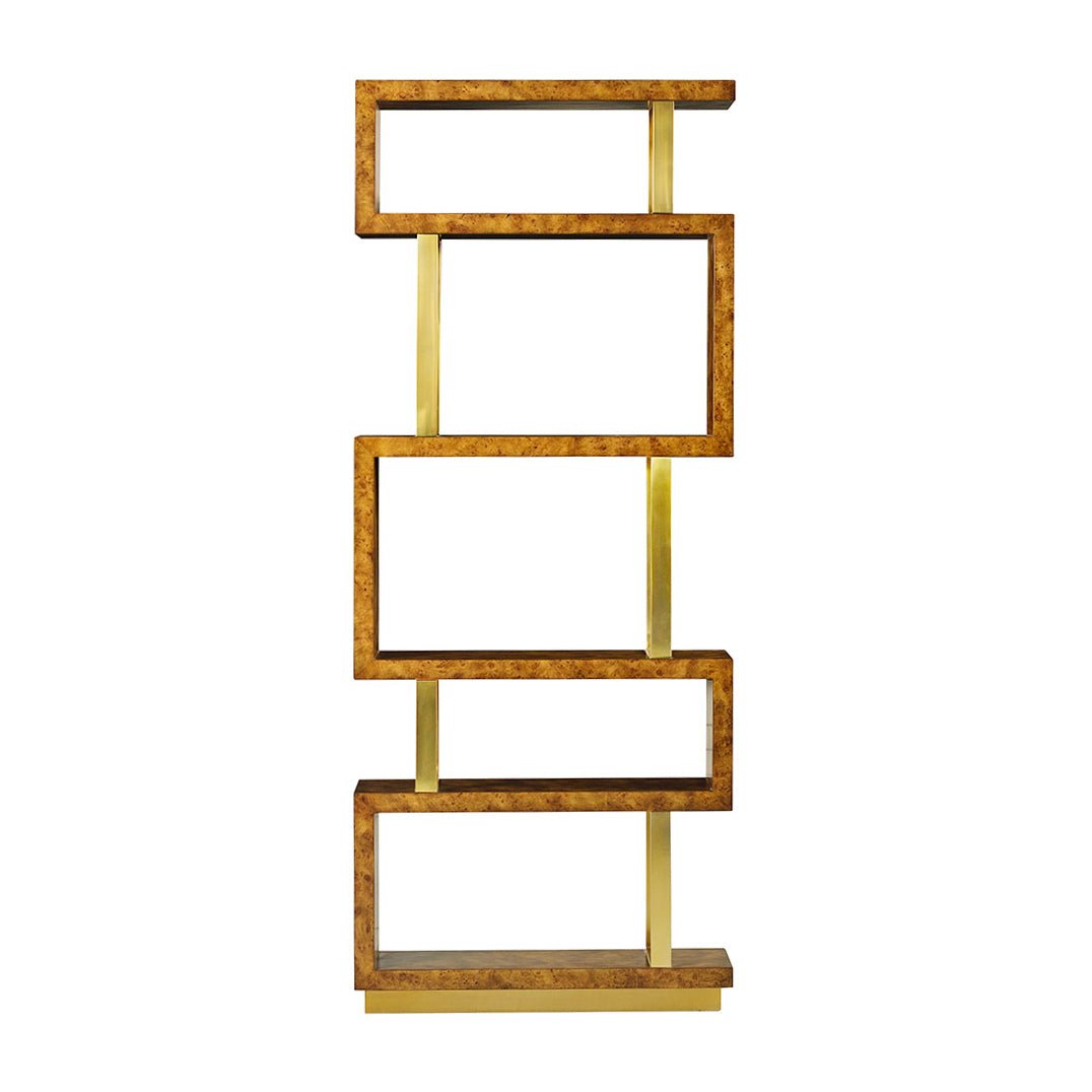 Front view of Art Deco Burl Etagere, geometric shelves.