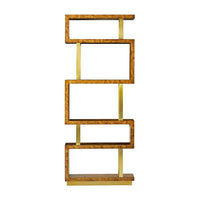 Front view of Art Deco Burl Etagere, geometric shelves.