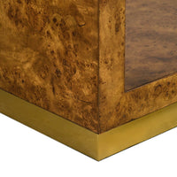 Corner detail of burl and brass etagere base.