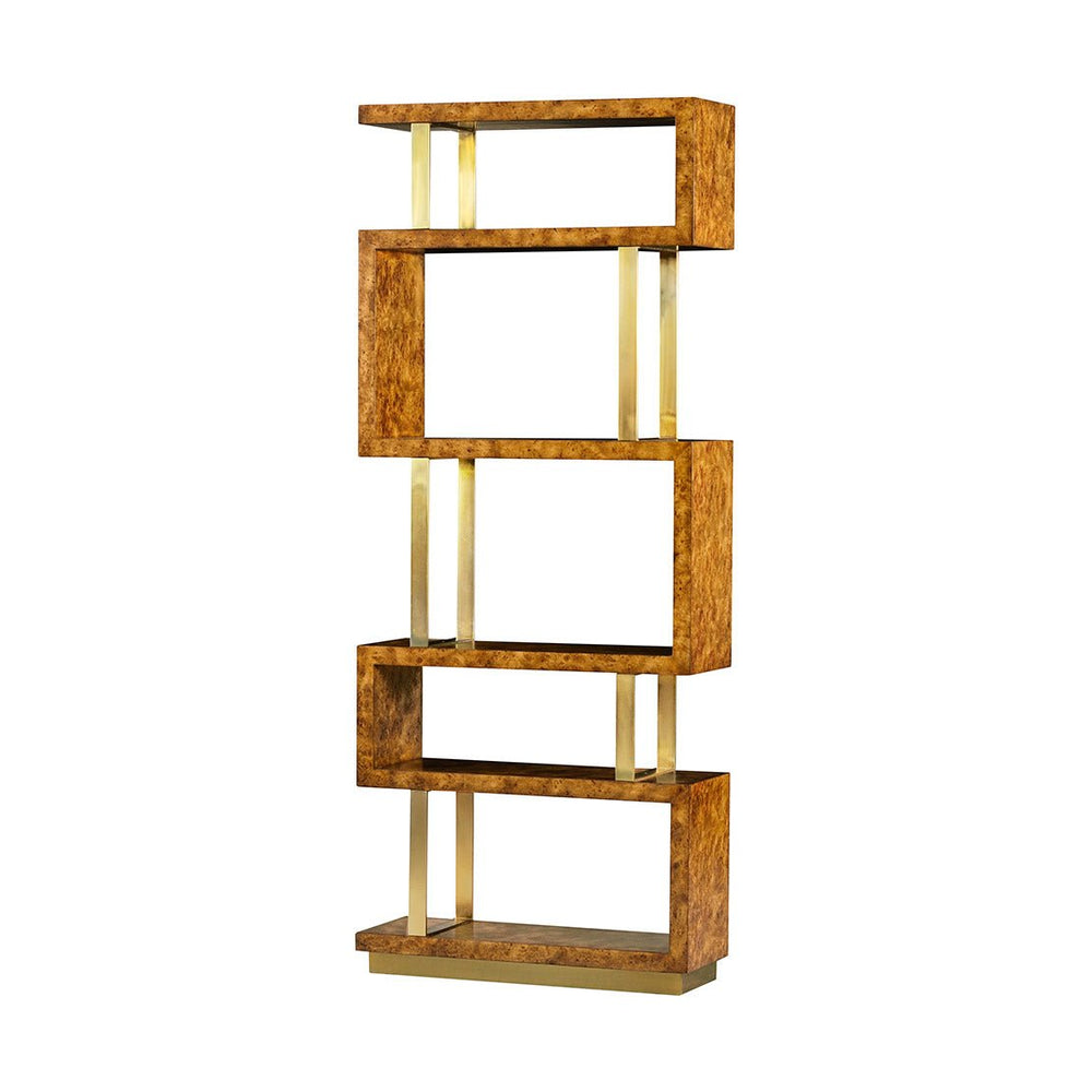 Angled view of Art Deco Burl Etagere, wooden shelves.