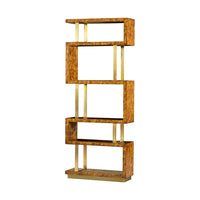 Angled view of Art Deco Burl Etagere, wooden shelves.