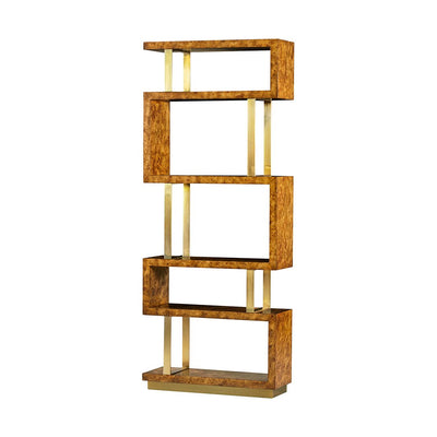 Angled view of Art Deco Burl Etagere, wooden shelves.