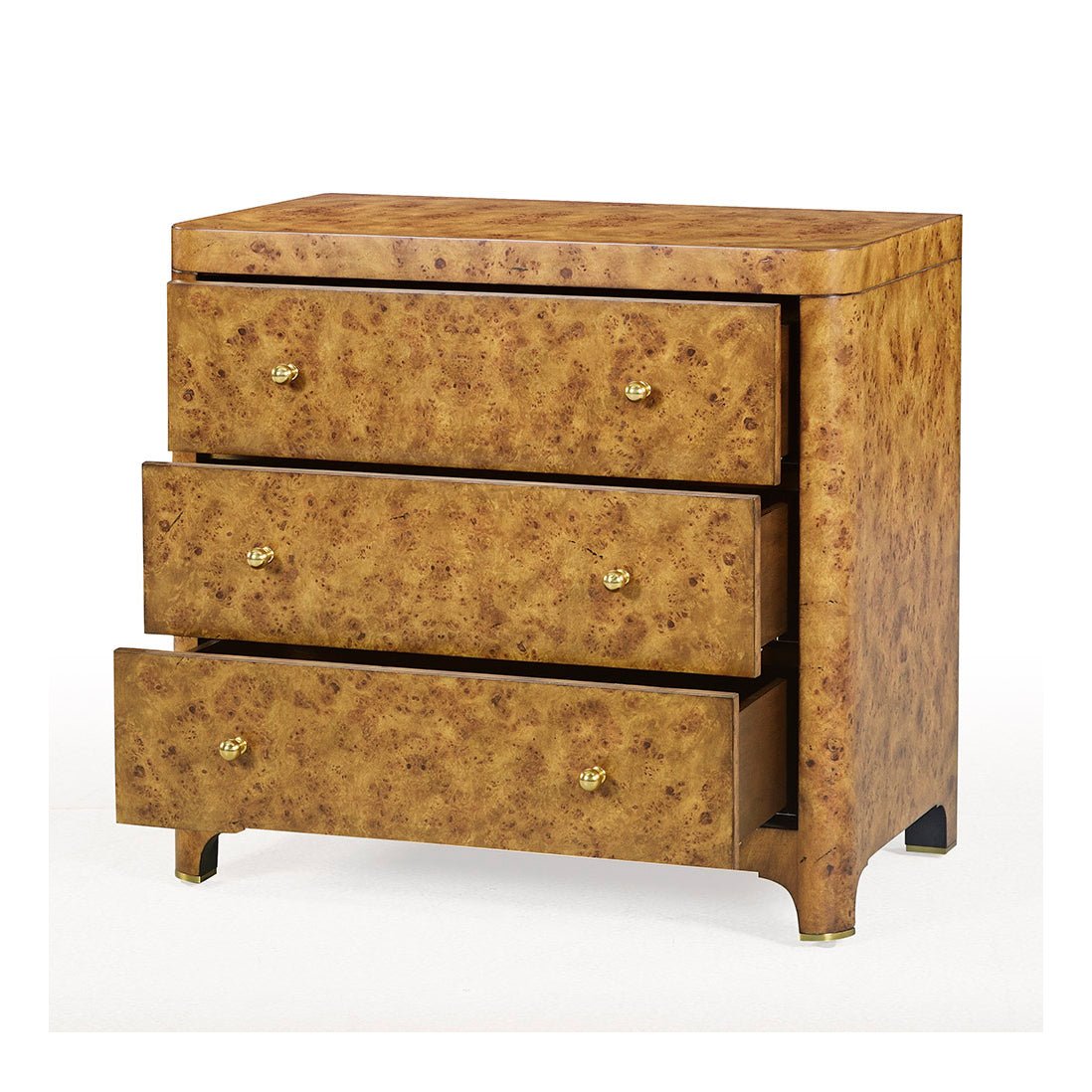 Art Deco nightstand with open drawers, burl finish.