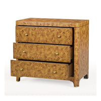 Art Deco nightstand with open drawers, burl finish.