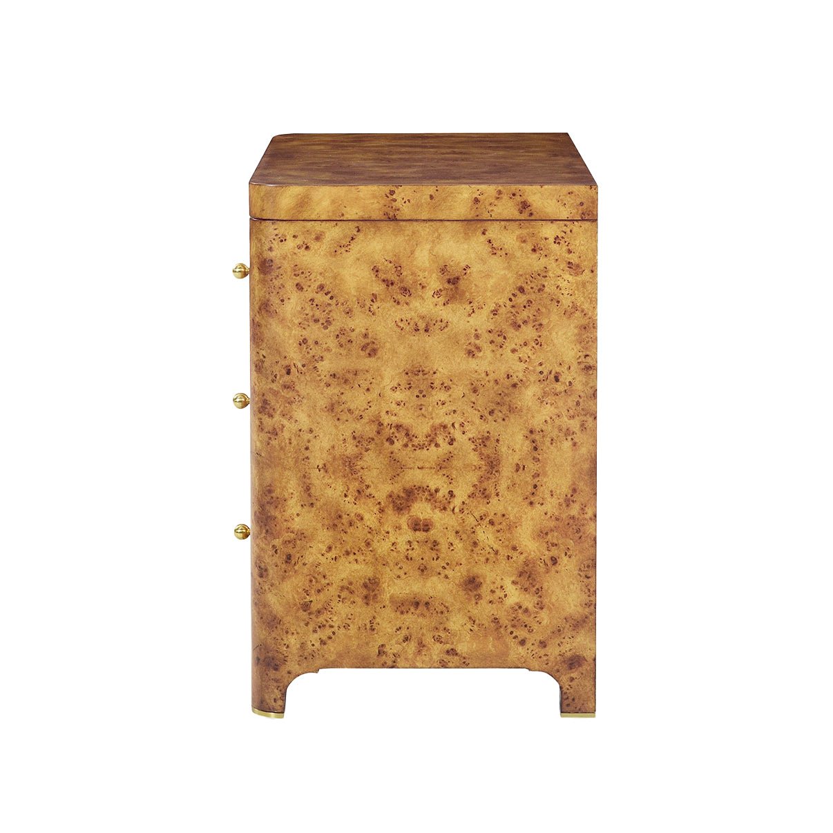 Side view of Art Deco burl nightstand.