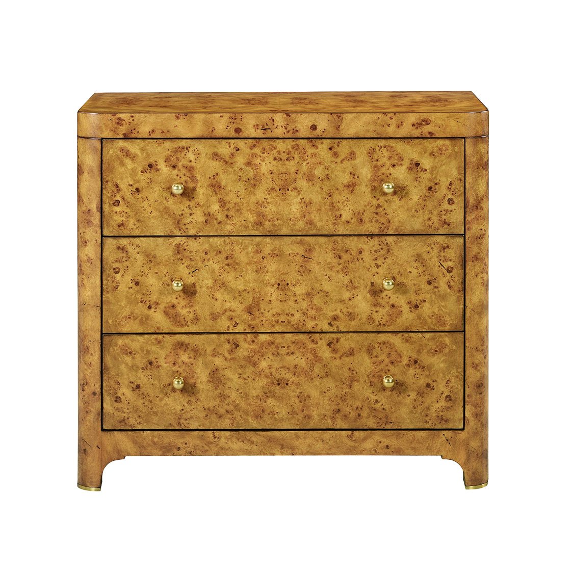 Front view of closed Art Deco burl nightstand.