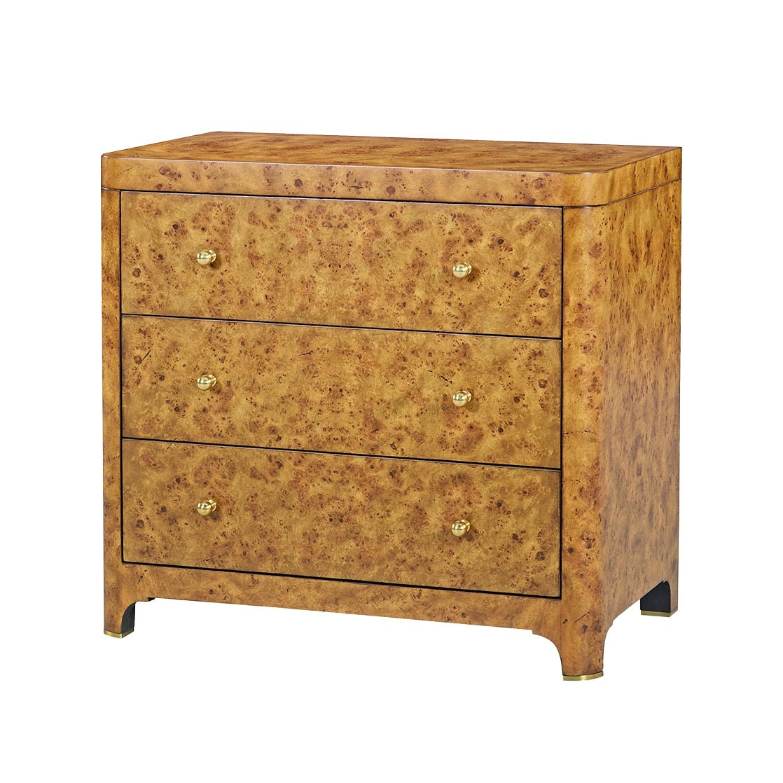 Art Deco burl nightstand three-quarter view with closed drawers.