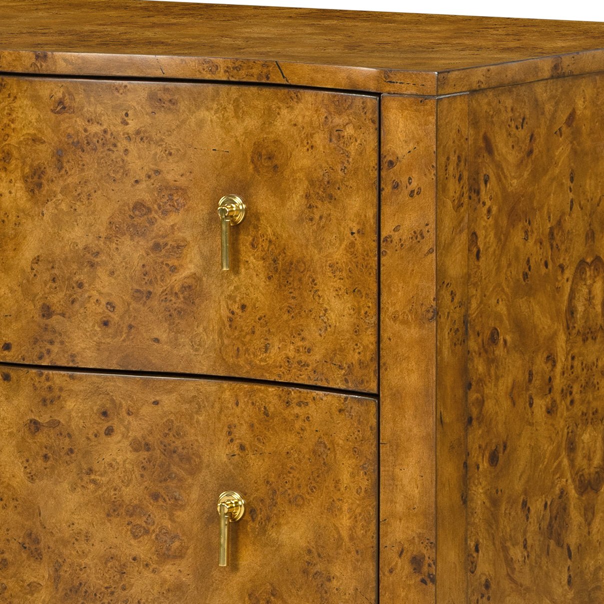 Close-up of burl nightstand's drawer handles and texture.