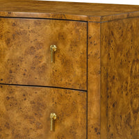 Close-up of burl nightstand's drawer handles and texture.