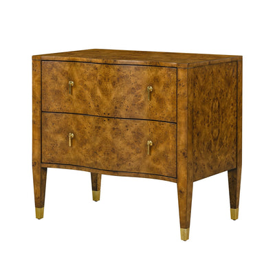 Art Deco burl nightstand with serpentine front, two drawers.
