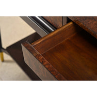 Open drawer detail of burl walnut coffee table.