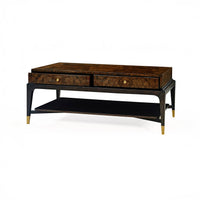Angled view of burl walnut coffee table, front right.
