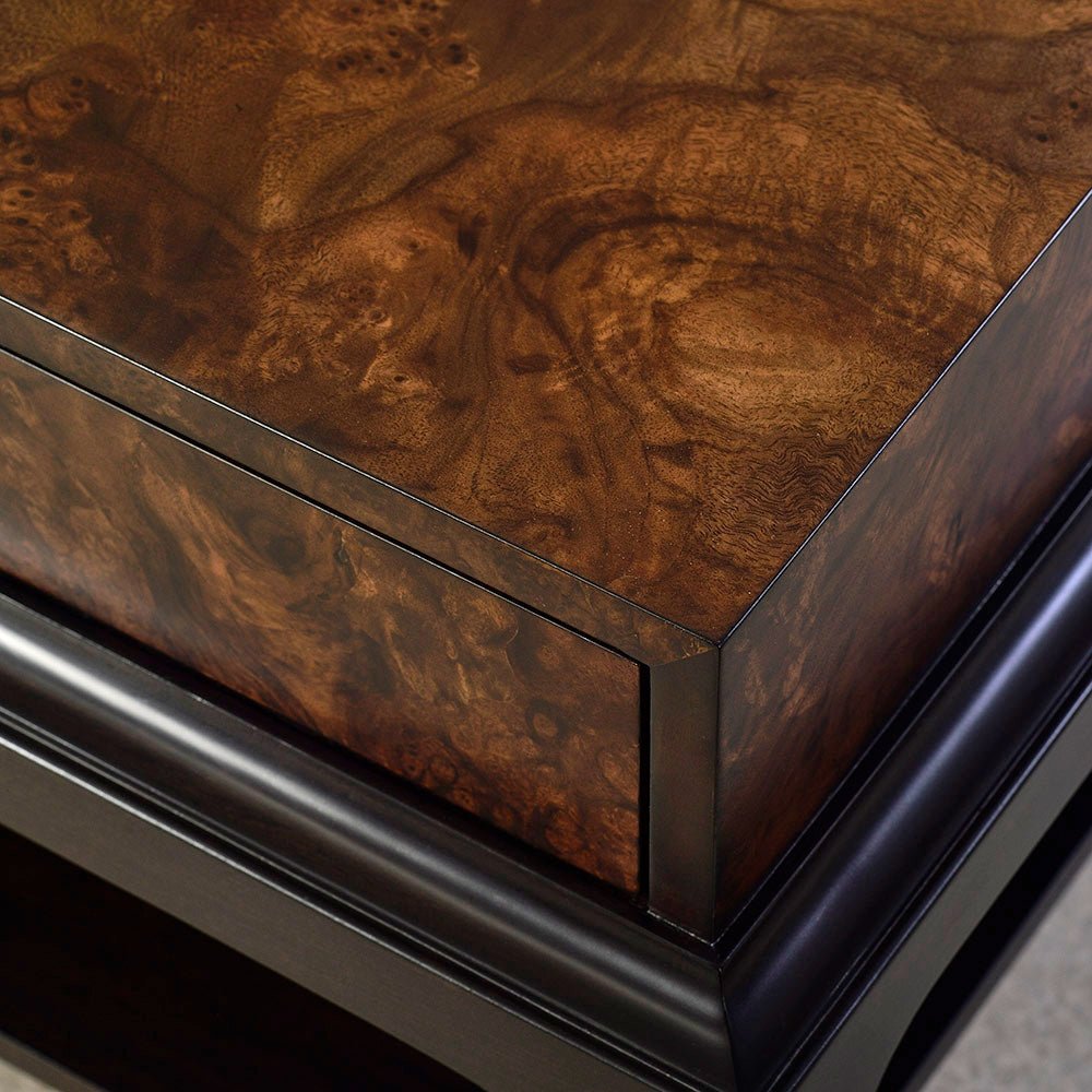 Corner detail of burl walnut coffee table top.
