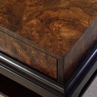 Corner detail of burl walnut coffee table top.