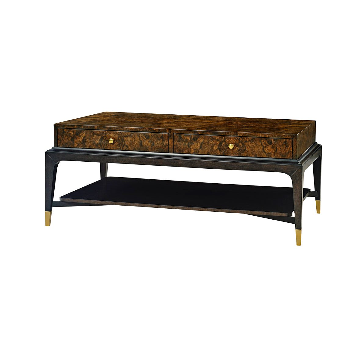 Art Deco burl walnut coffee table, angled view.