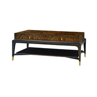 Art Deco burl walnut coffee table, angled view.