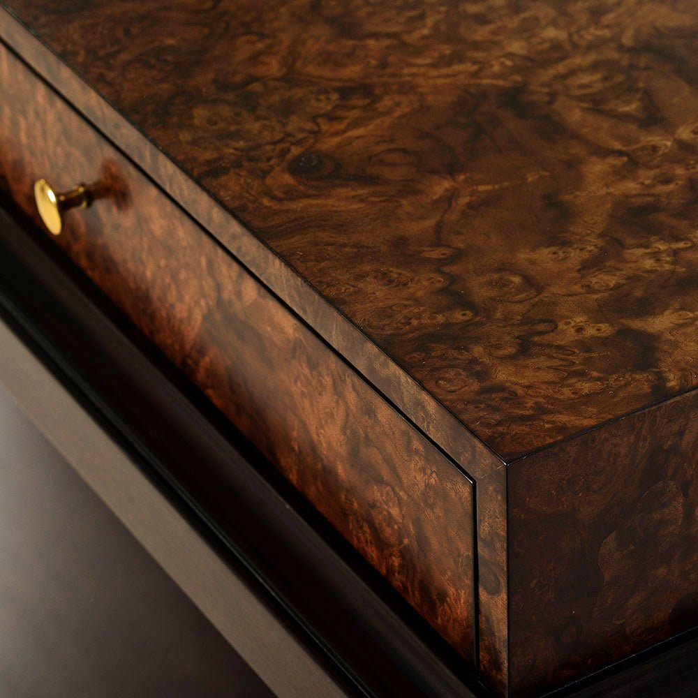 Close-up of surface finish on walnut coffee table.