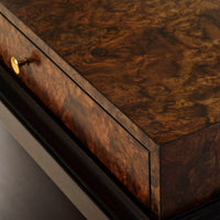 Close-up of surface finish on walnut coffee table.