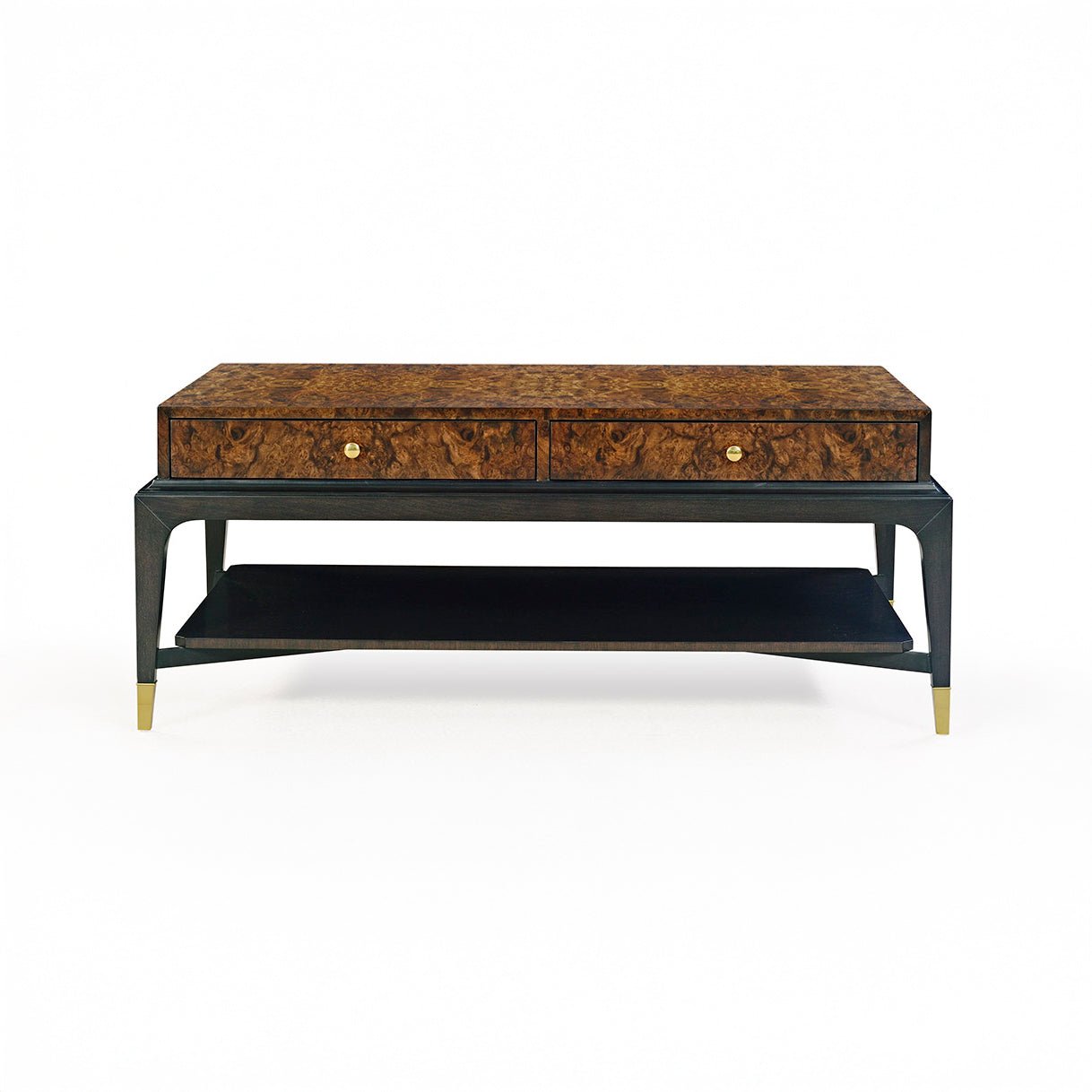 Front view of Art Deco burl walnut coffee table.